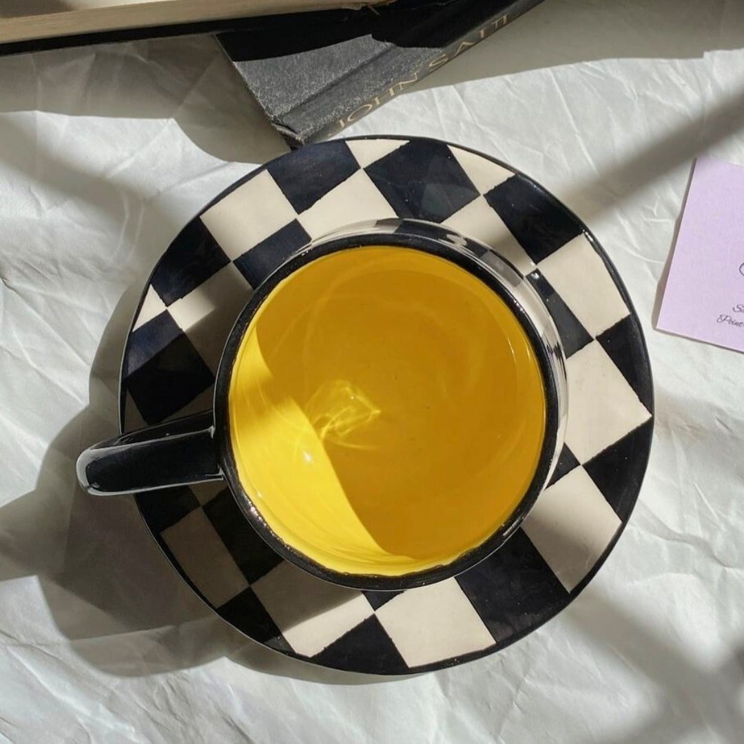 Tasse XL en Céramique avec Sous-Tasse, Motif Carreaux – Grand Mug - artisanat Tunisien fait main | ILEYCOM