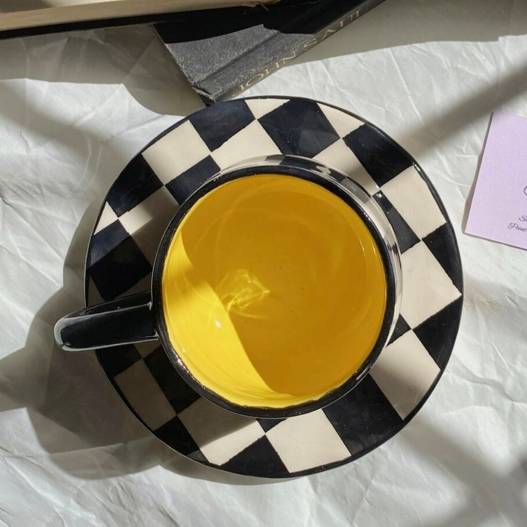Tasse XL en Céramique avec Sous-Tasse, Motif Carreaux – Grand Mug - artisanat Tunisien fait main | ILEYCOM
