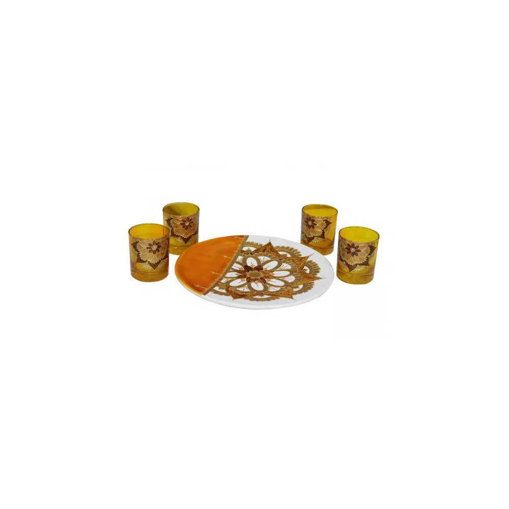 Assiette en Céramique et 4 Tasses en Verre