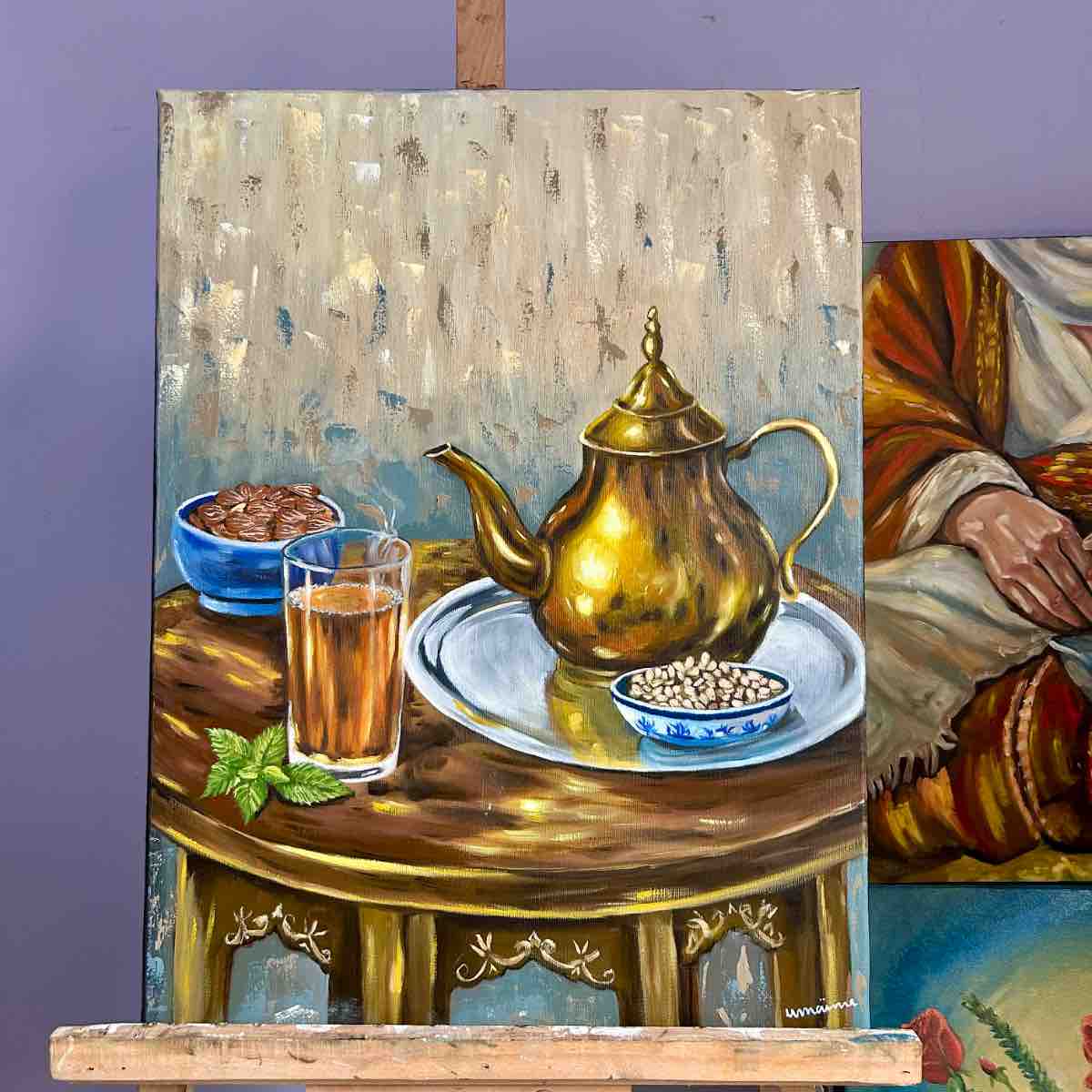 Thé tunisien peinture à l'huile artisanale pour un moment chaleureux