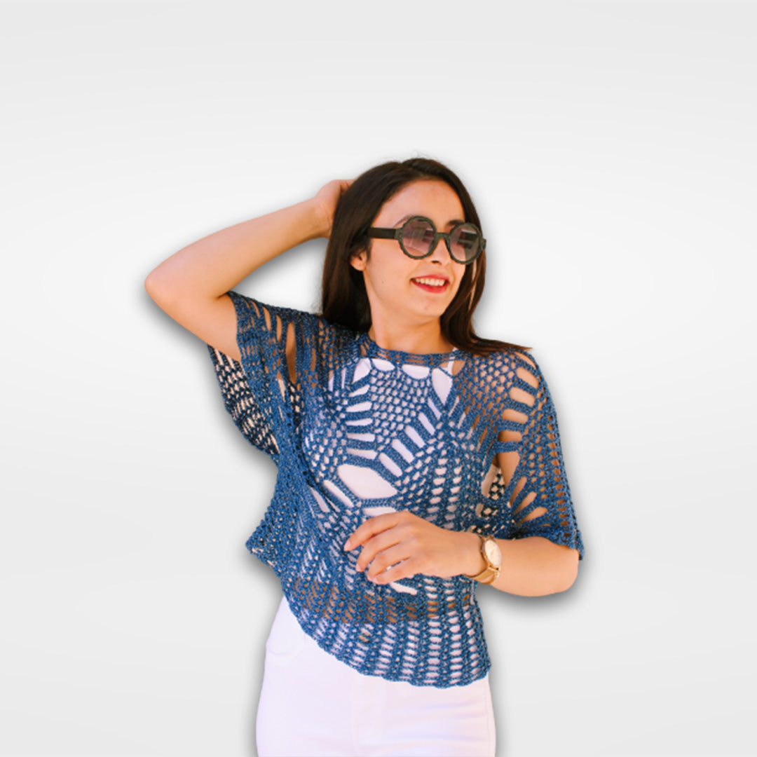 Tricot Femme- Crochet fait à main bleu avec manche raglan - artisanat Tunisien fait main | ILEYCOM