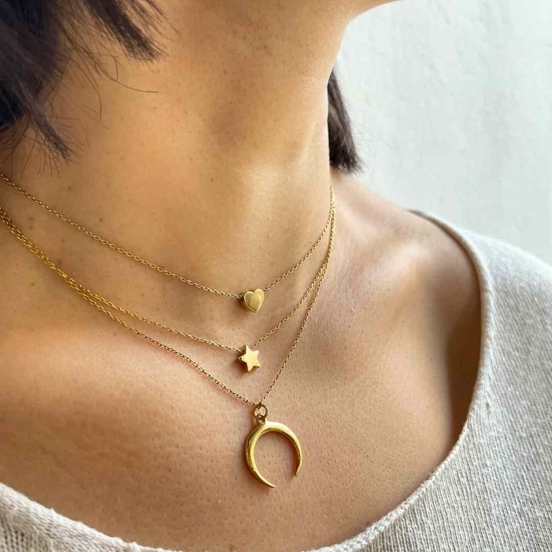 Trio de Colliers Étoile, Cœur, et Croissants en Argent Sterling Plaqué Or