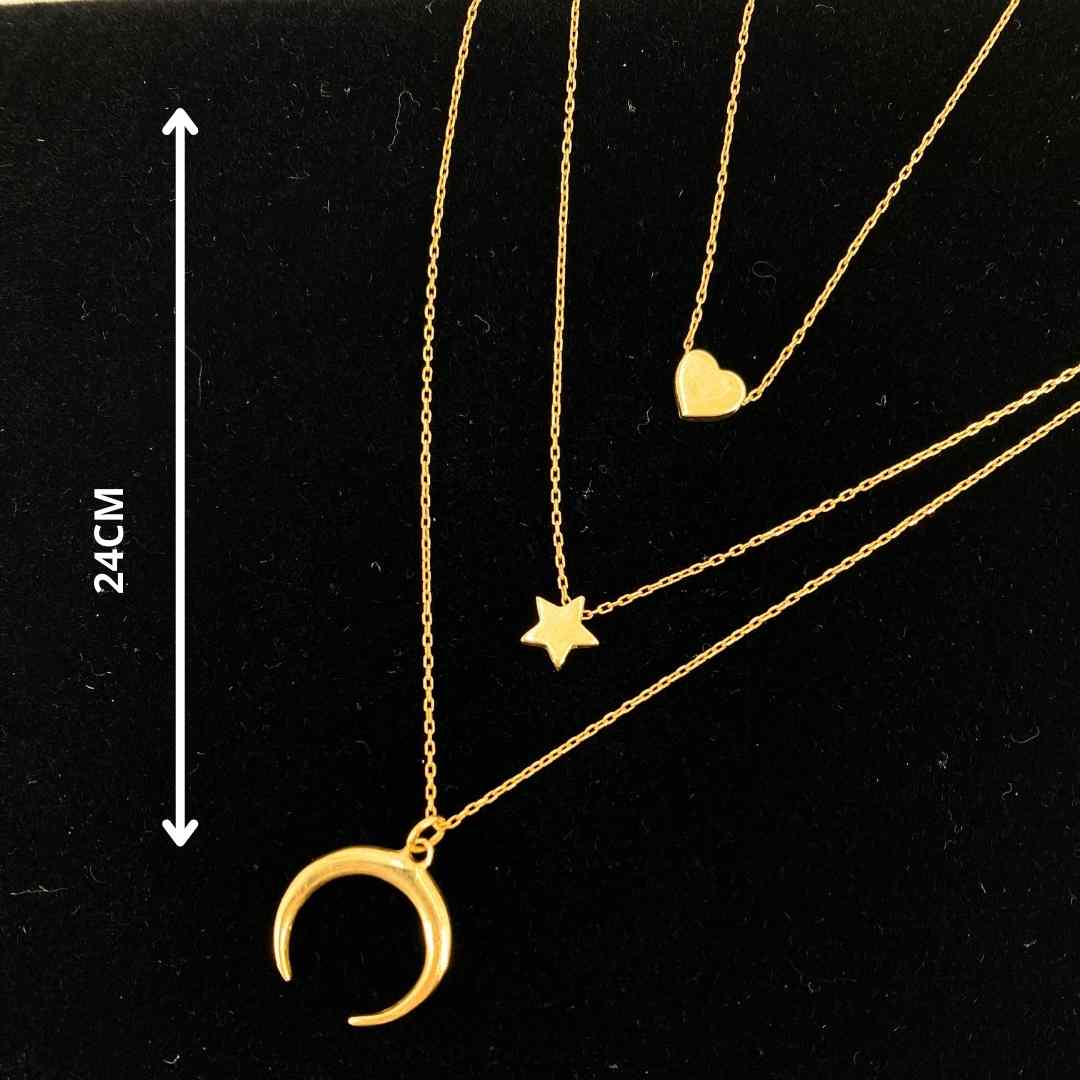 Trio de Colliers Étoile, Cœur, et Croissants en Argent Sterling Plaqué Or