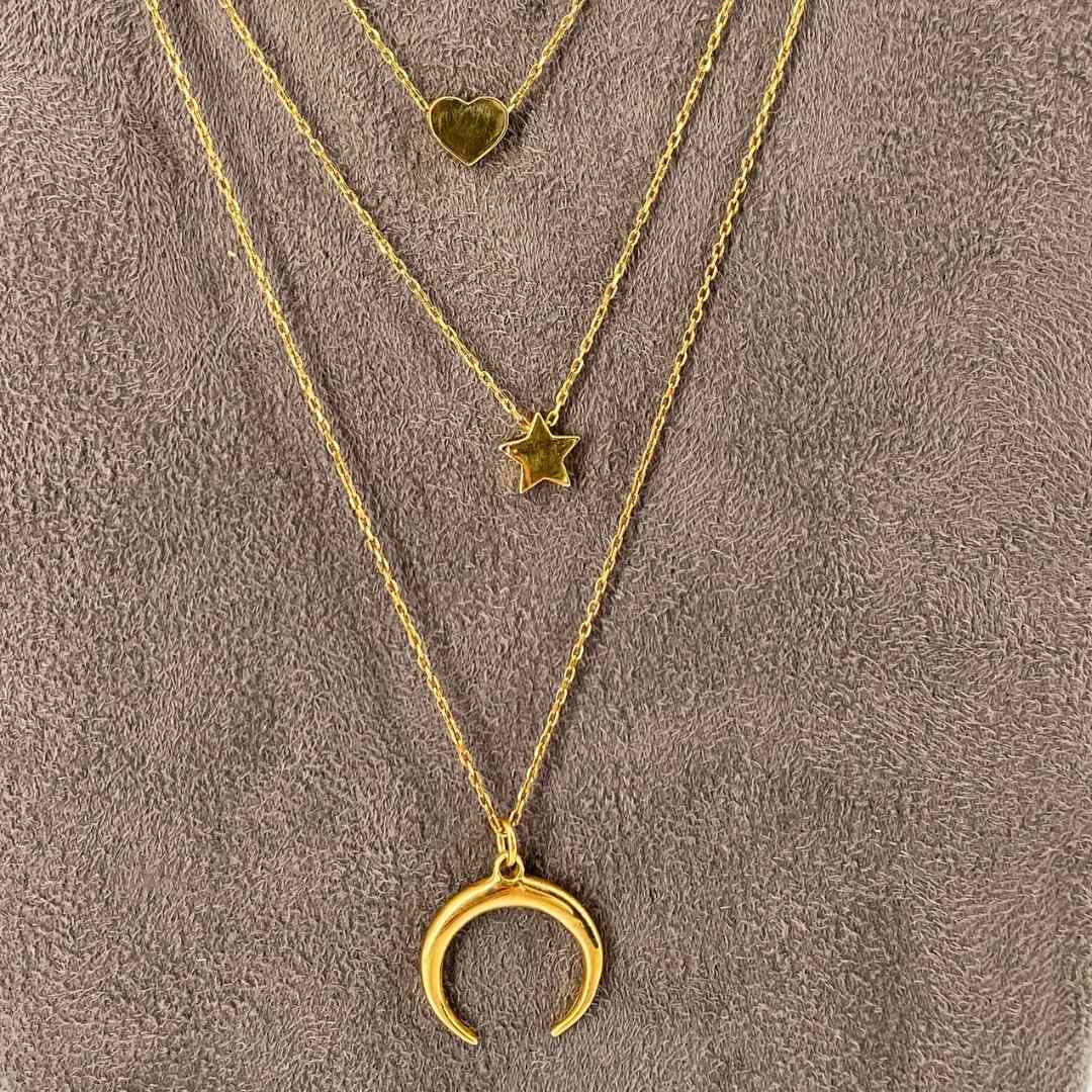 Trio de Colliers Étoile, Cœur, et Croissants en Argent Sterling Plaqué Or