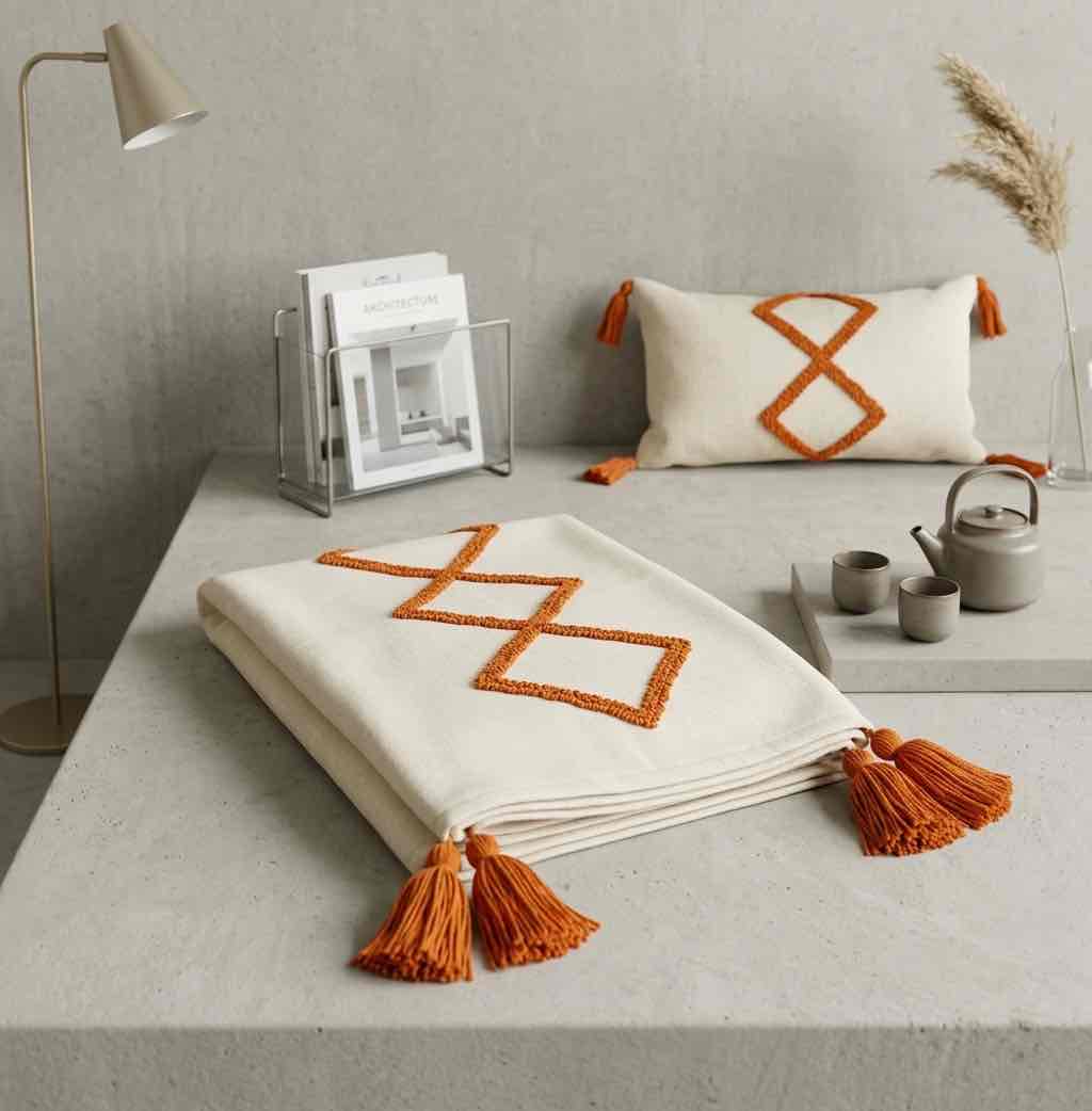 Jeté de Canapé 100% Laine Naturelle Fait Main – Broderie Orange Losanges & Pompons + Coussin 60x30 cm