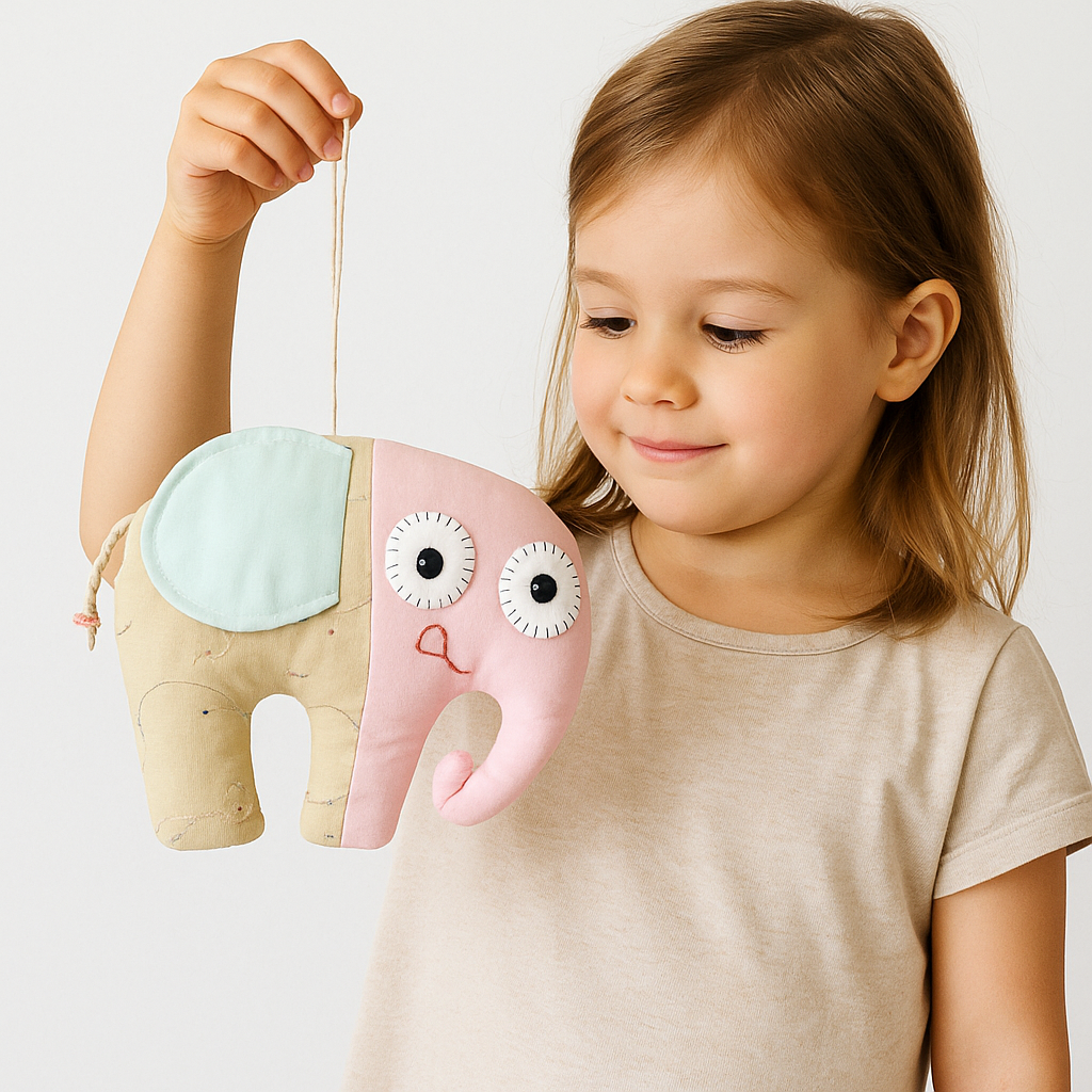 Doudou éléphant en tissu en bicolore rose et beige avec oreille verte