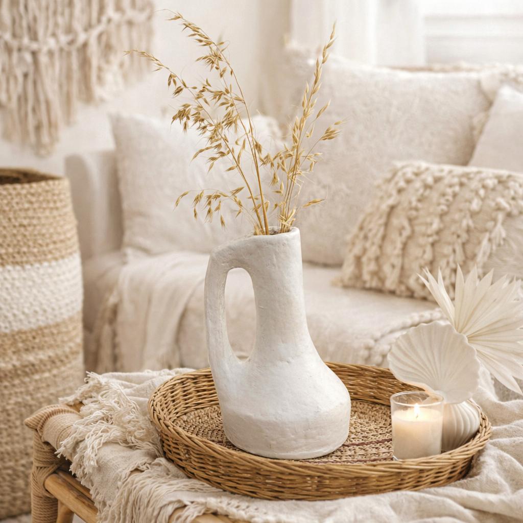 Vase blanc en poterie - Bouquet de fleurs séchées