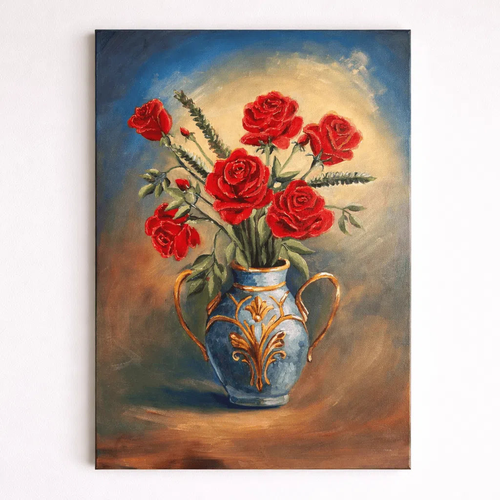Vase bleu élégant avec roses rouges pour une décoration sublime