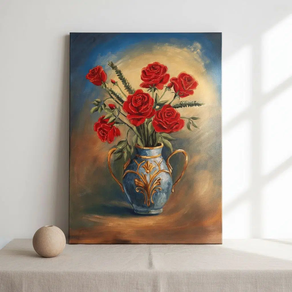 Vase bleu élégant avec roses rouges pour une décoration sublime