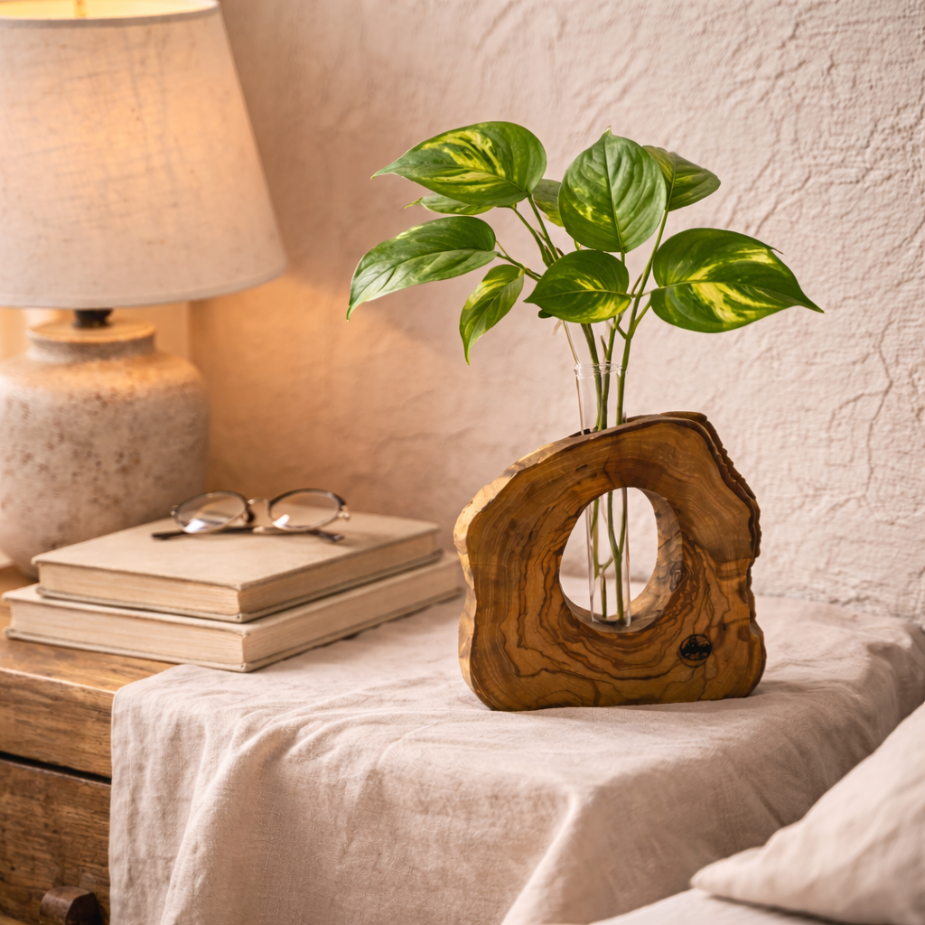 Vase en bois d'olivier avec tige en verre