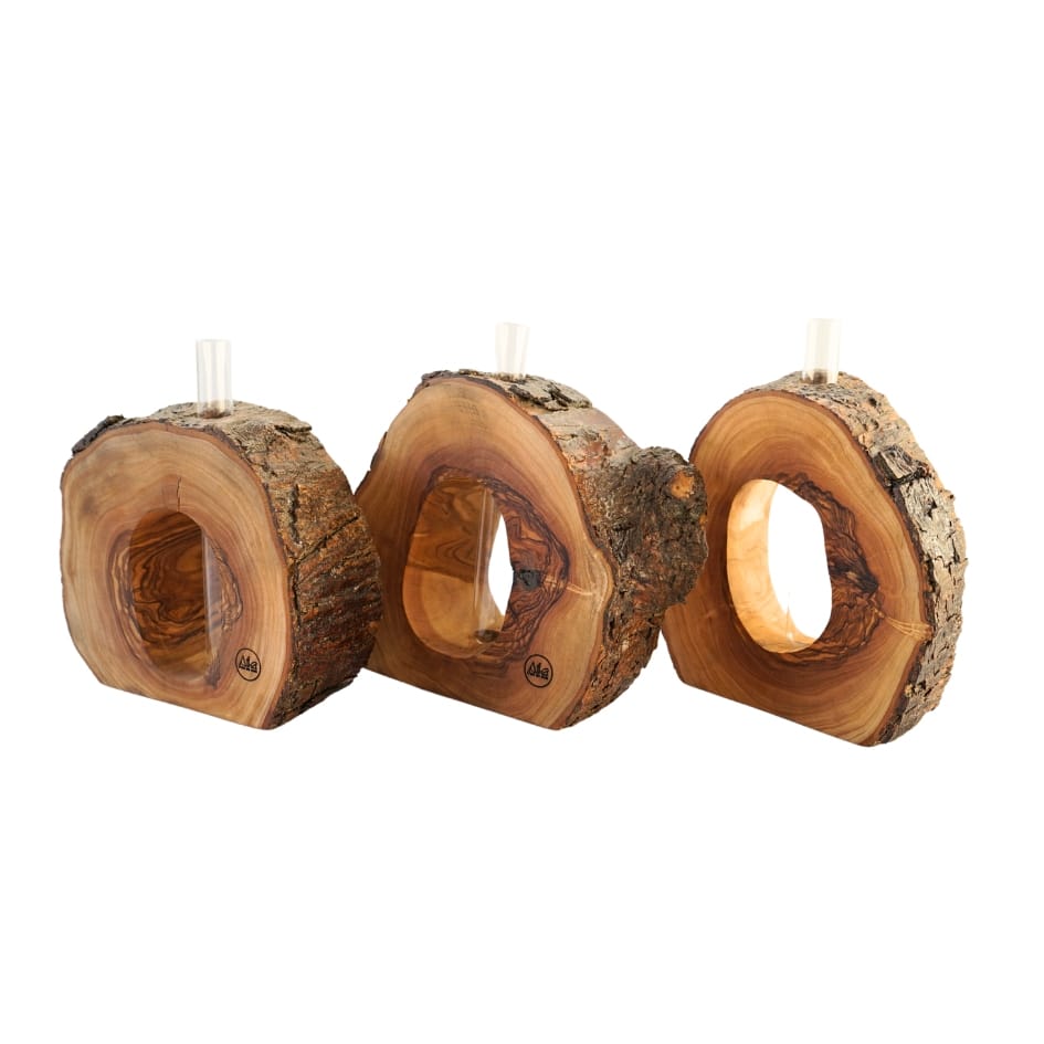 Vase en bois d'olivier avec tige en verre
