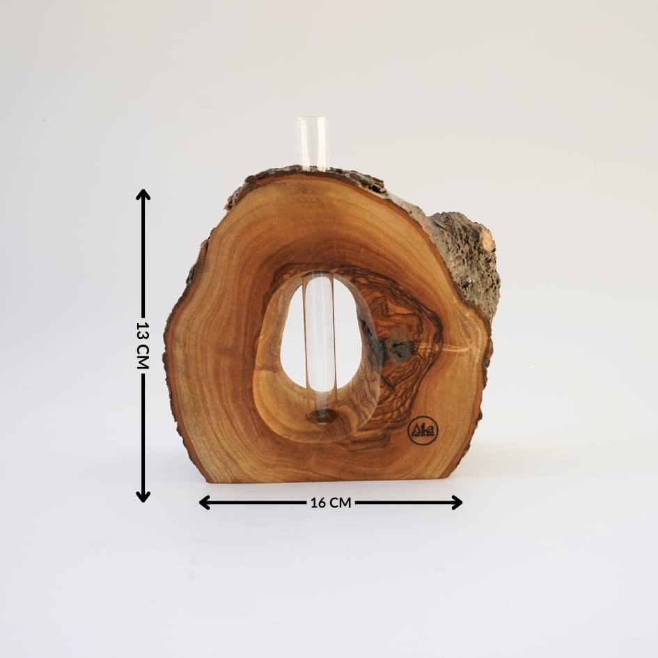 Vase en bois d'olivier avec tige en verre
