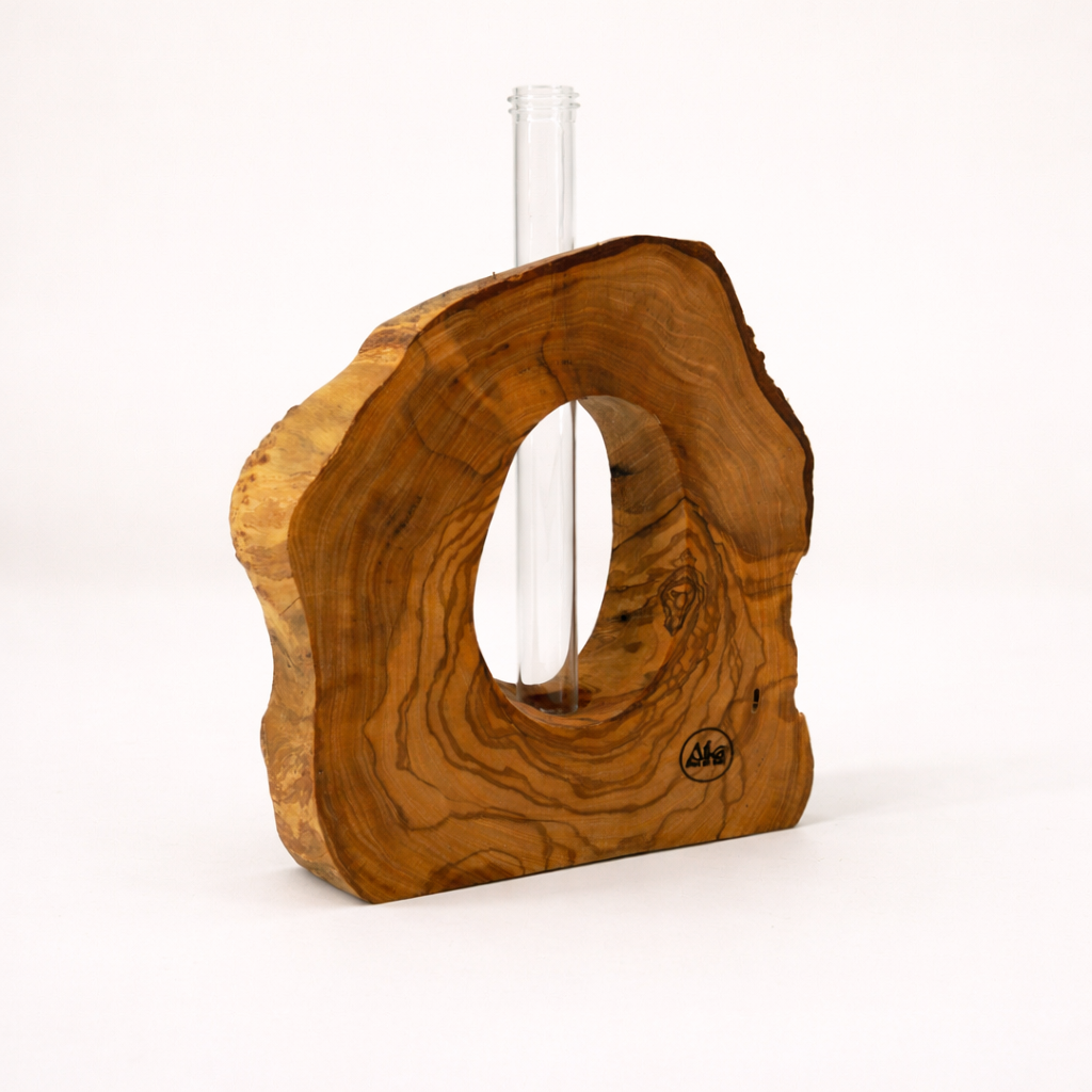 Vase en bois d'olivier avec tige en verre