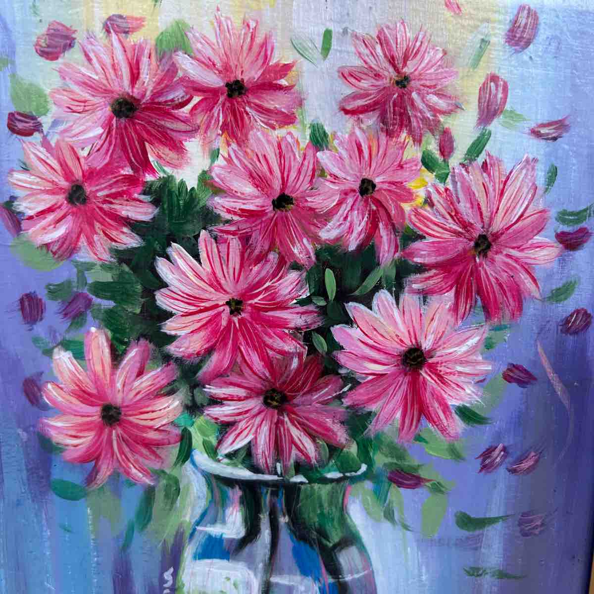 tableau floral unique en acrylique cadre vintage 1980 27x34 cm