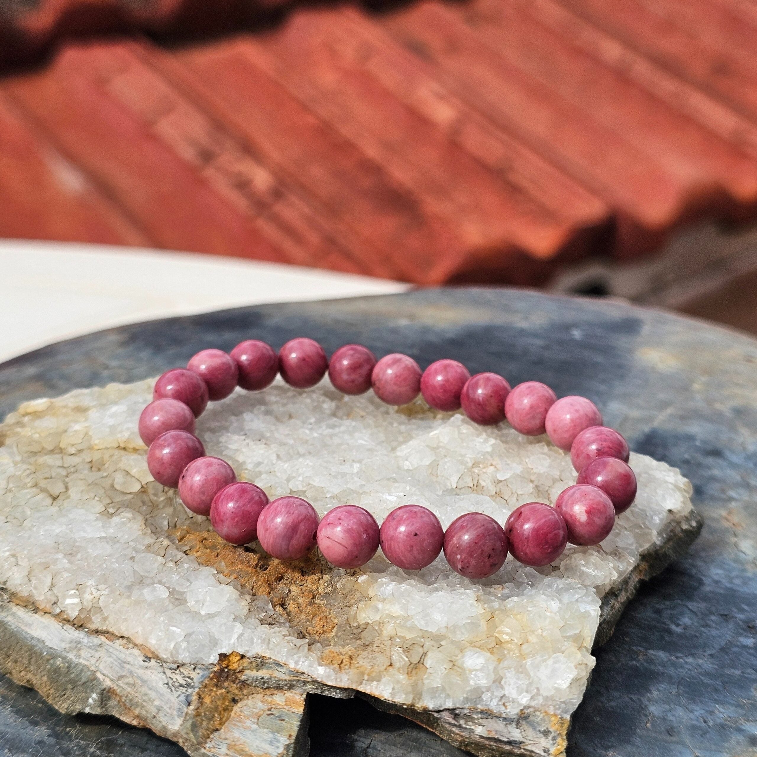 Bracelet élastique en boules de Rhodonite de 8 mm (16 à 18 cm)