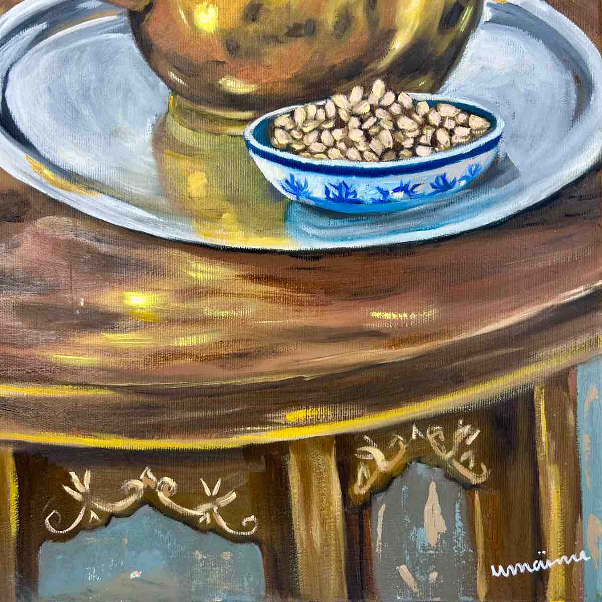 Thé tunisien peinture à l'huile artisanale pour un moment chaleureux