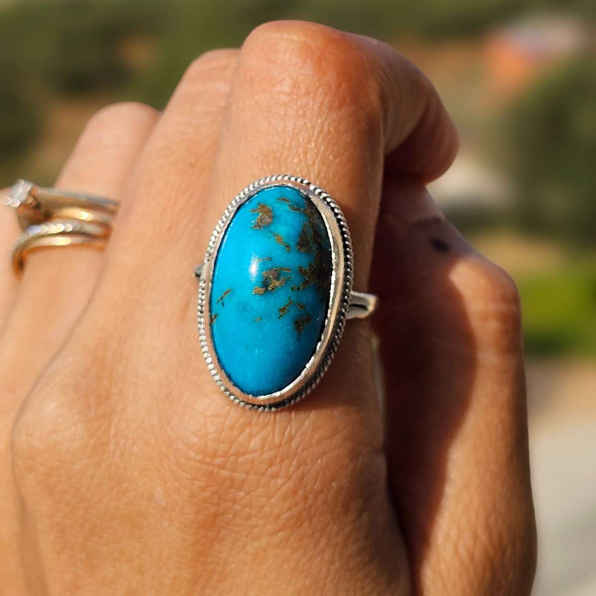Bague turquoise naturelle en argent 925 taille ajustable