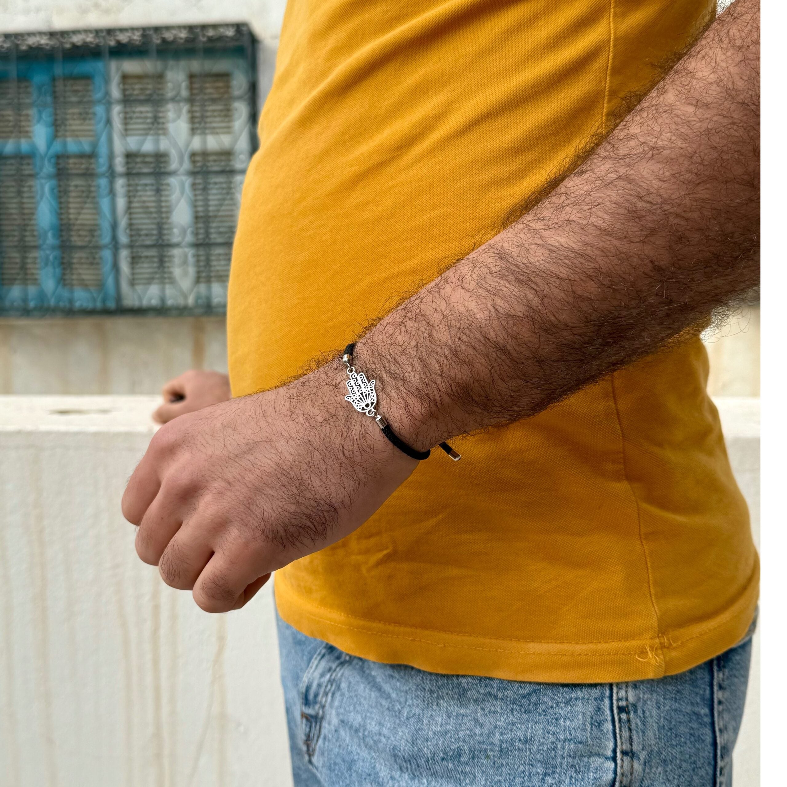 Bracelet Cordon Noir Argent Khomsa ajustable