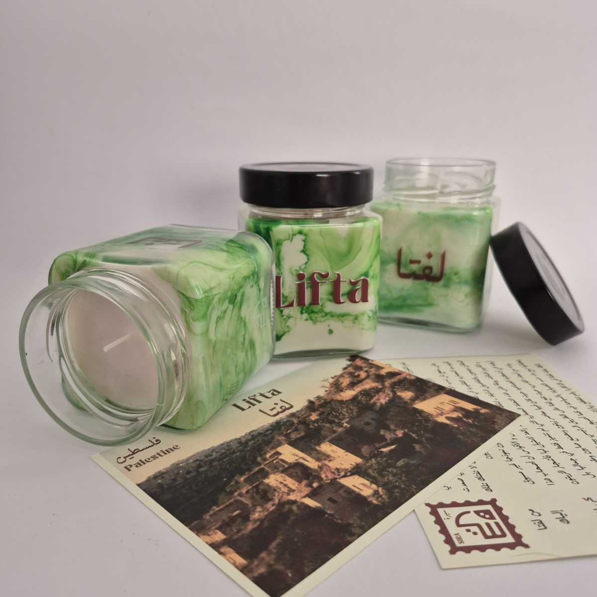 Bougie "Lifta" avec carte postale et enveloppe photos : Une histoire de Palestine