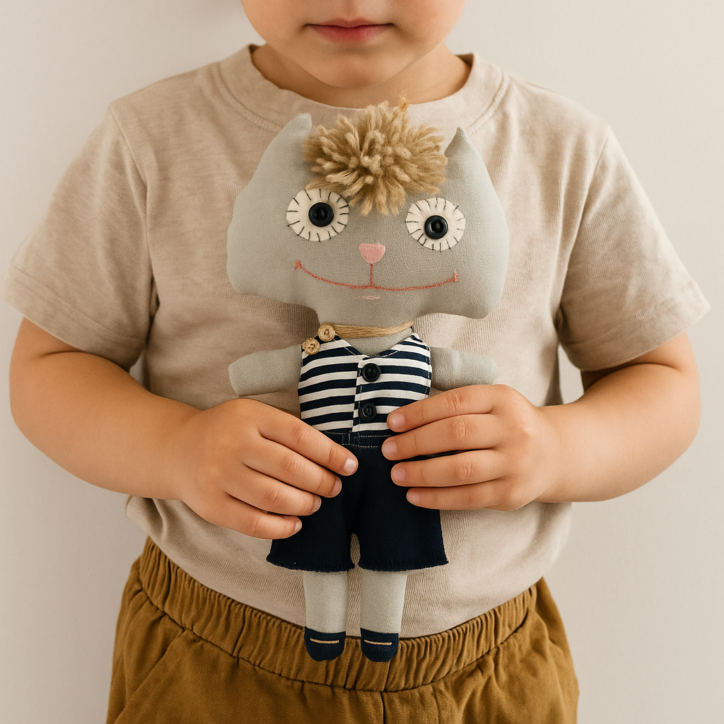 Doudou chat en tissu en tenue rayée noir et blanc et short blanc