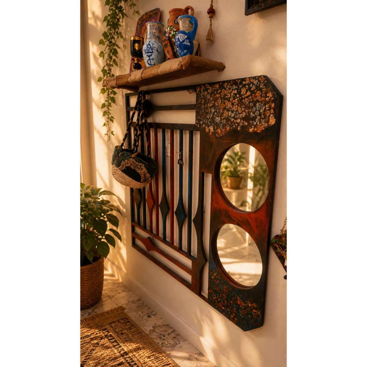 Miroir mural unique peint à la main avec porte manteaux élégant,120 cm/120cm