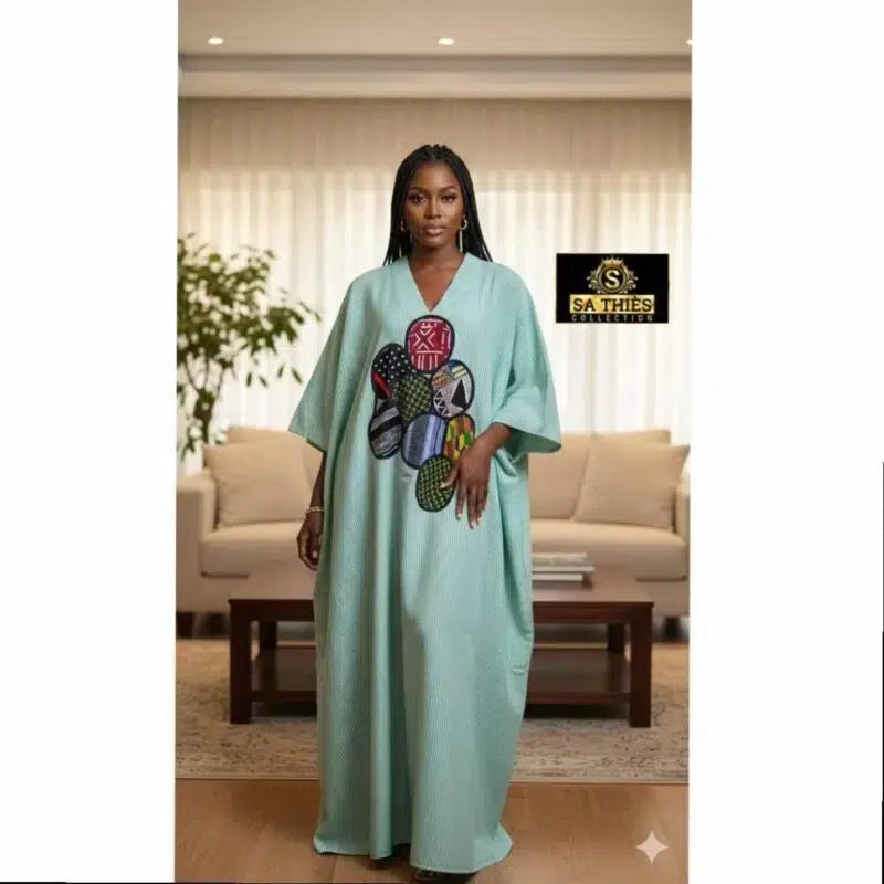 Jebba traditionnelle femme verte, robe longue ethnique chic et élégante
