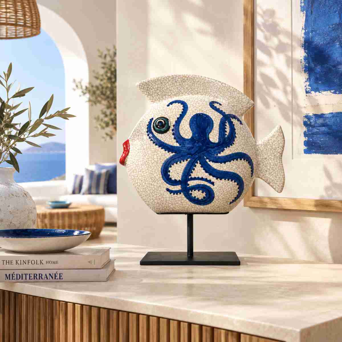 Sculpture poisson en céramique motif poulpe bleu unique 30 cm