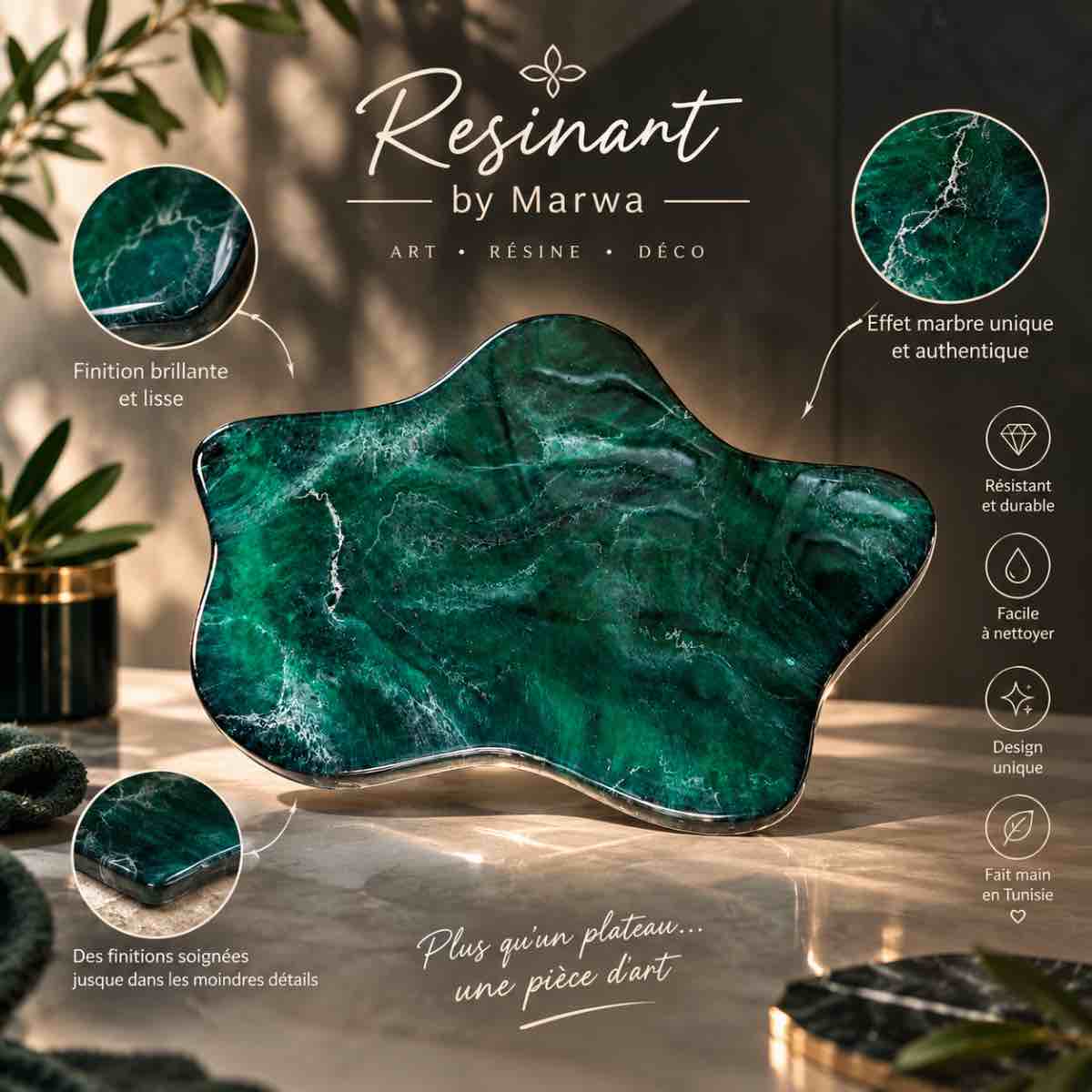 Plateau marbre vert époxy décoratif pour un intérieur élégant