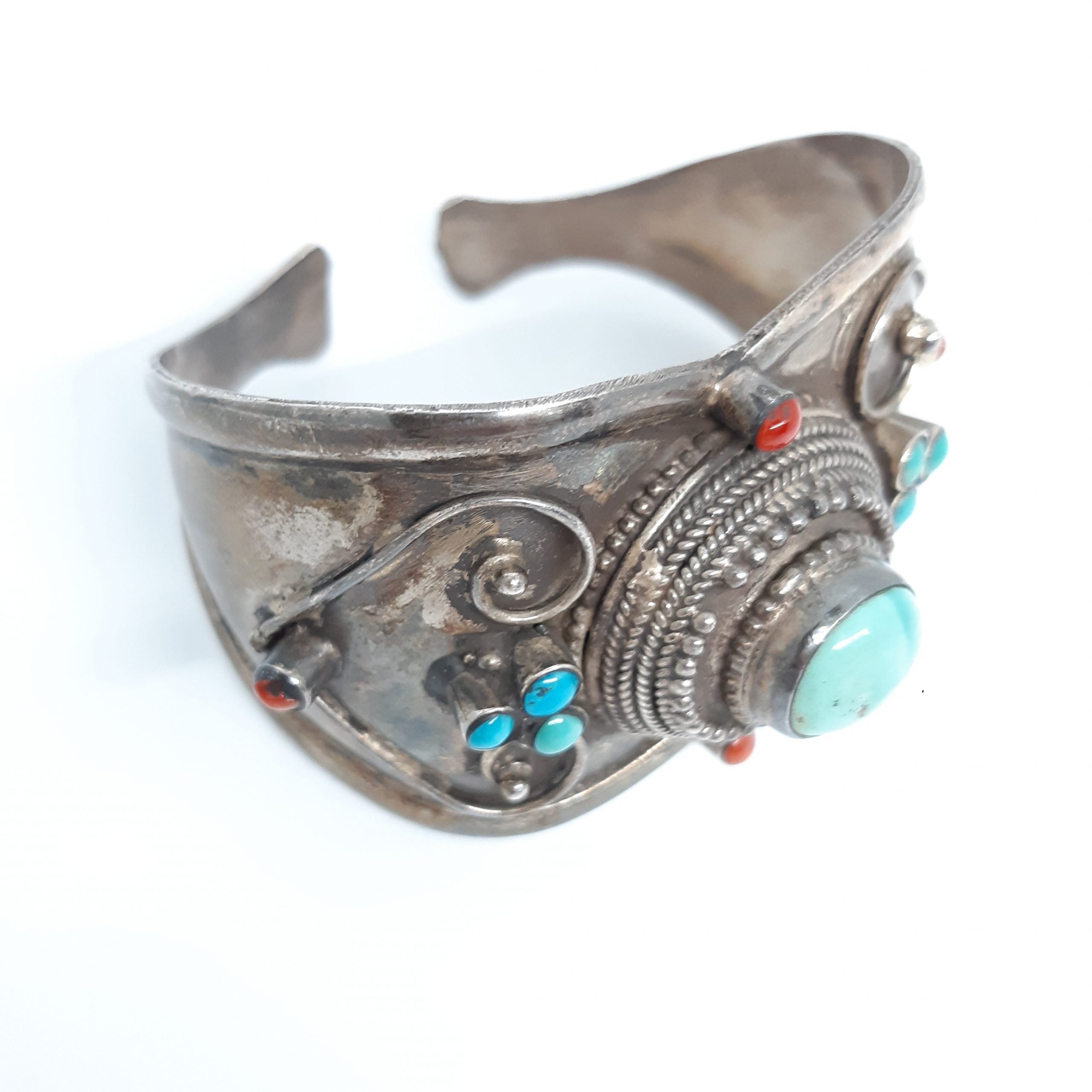 Turquoise and Coral Silver Bracelet, women's bracelet in silver and natural stones