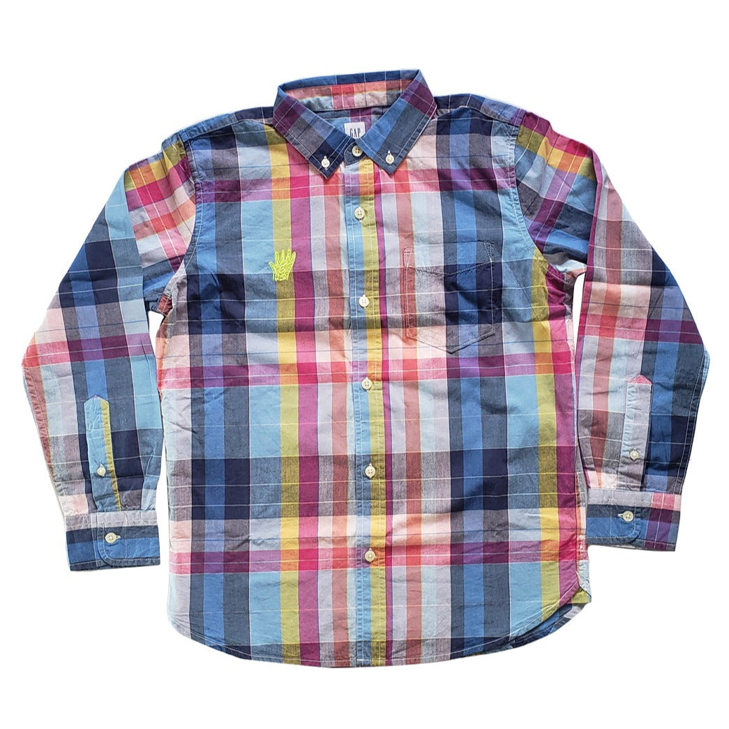 Upcycled pink and blue checked shirt, decorated with embroidery