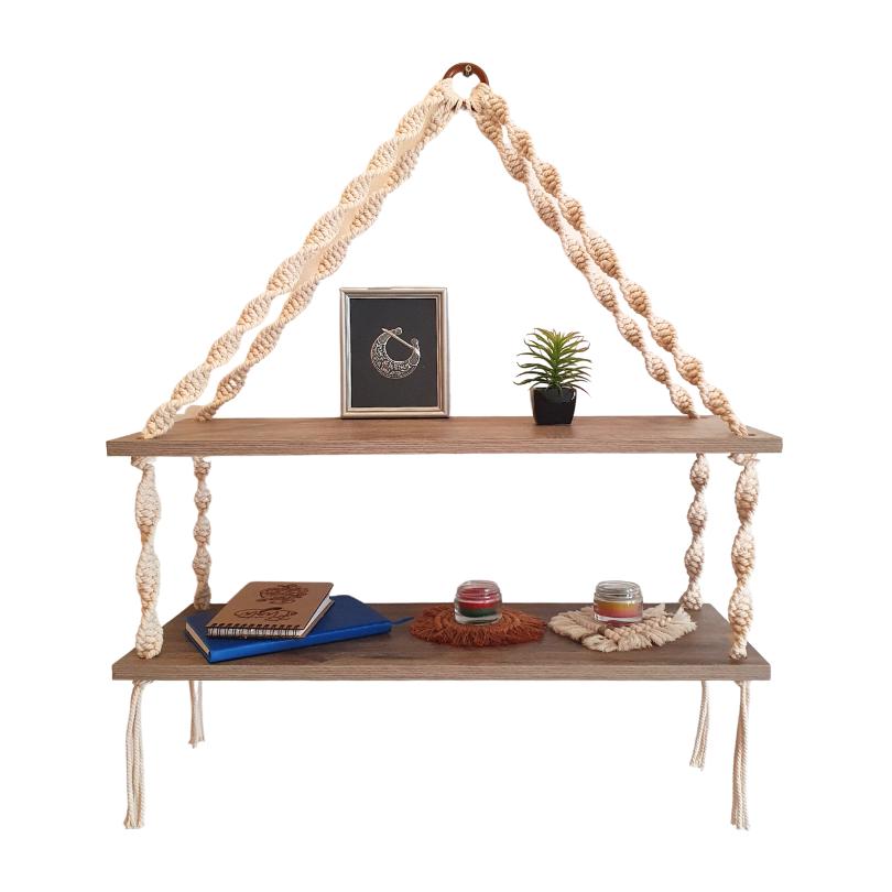 Double shelf in off-white macramé and MDF