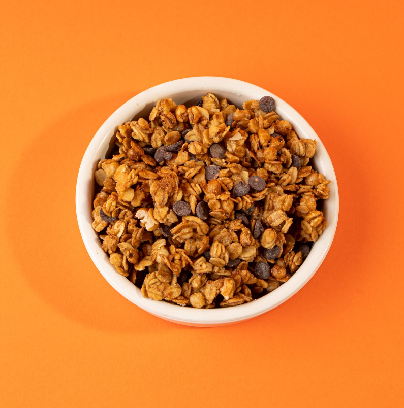 Crunchy Flooko granola with dark chocolate chips and hazelnuts