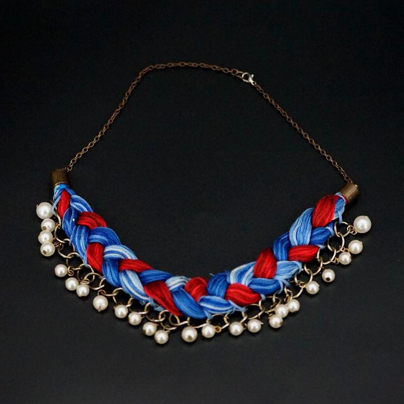 Tricolor braided pearl pendant necklace for women