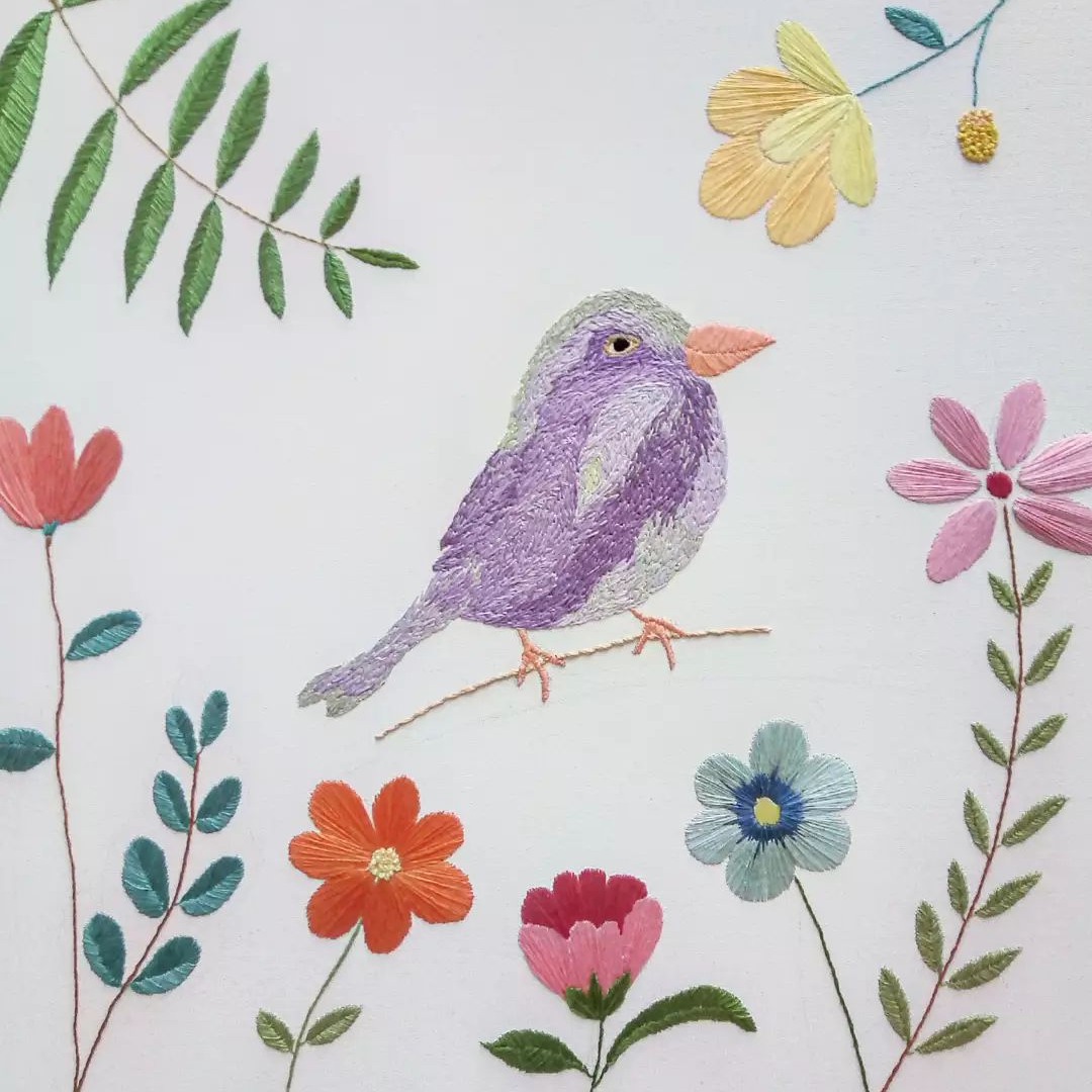 Hand Embroidered Bird Painting