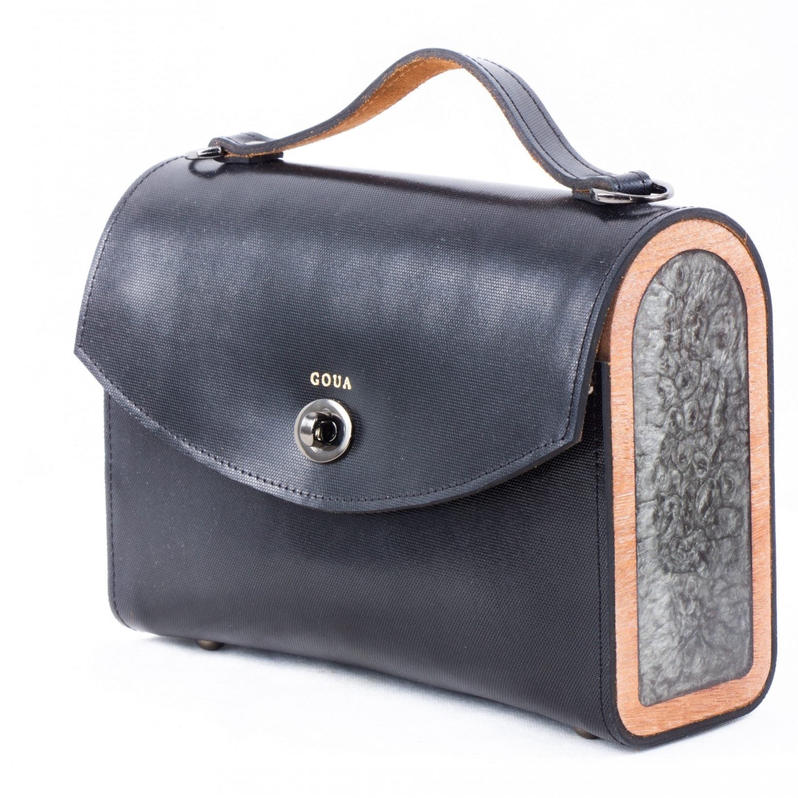 Black handbag in real leather and mahogany wood