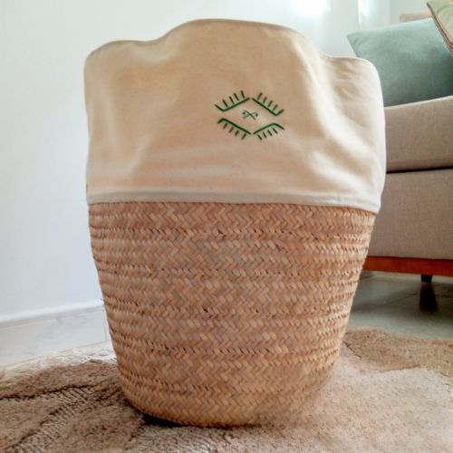 Palm fiber storage basket with hand embroidery