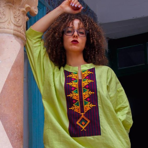 Traditional pistachio green jebba dress for women with Berber patterns