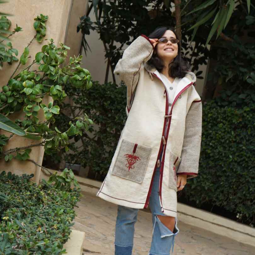 Unisex hand-embroidered Berber coat in natural wool