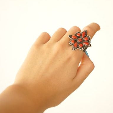 Bague Argent Et Corail Rouge, bague pour femme argenté en corail naturel - artisanat Tunisien fait main | ILEYCOM