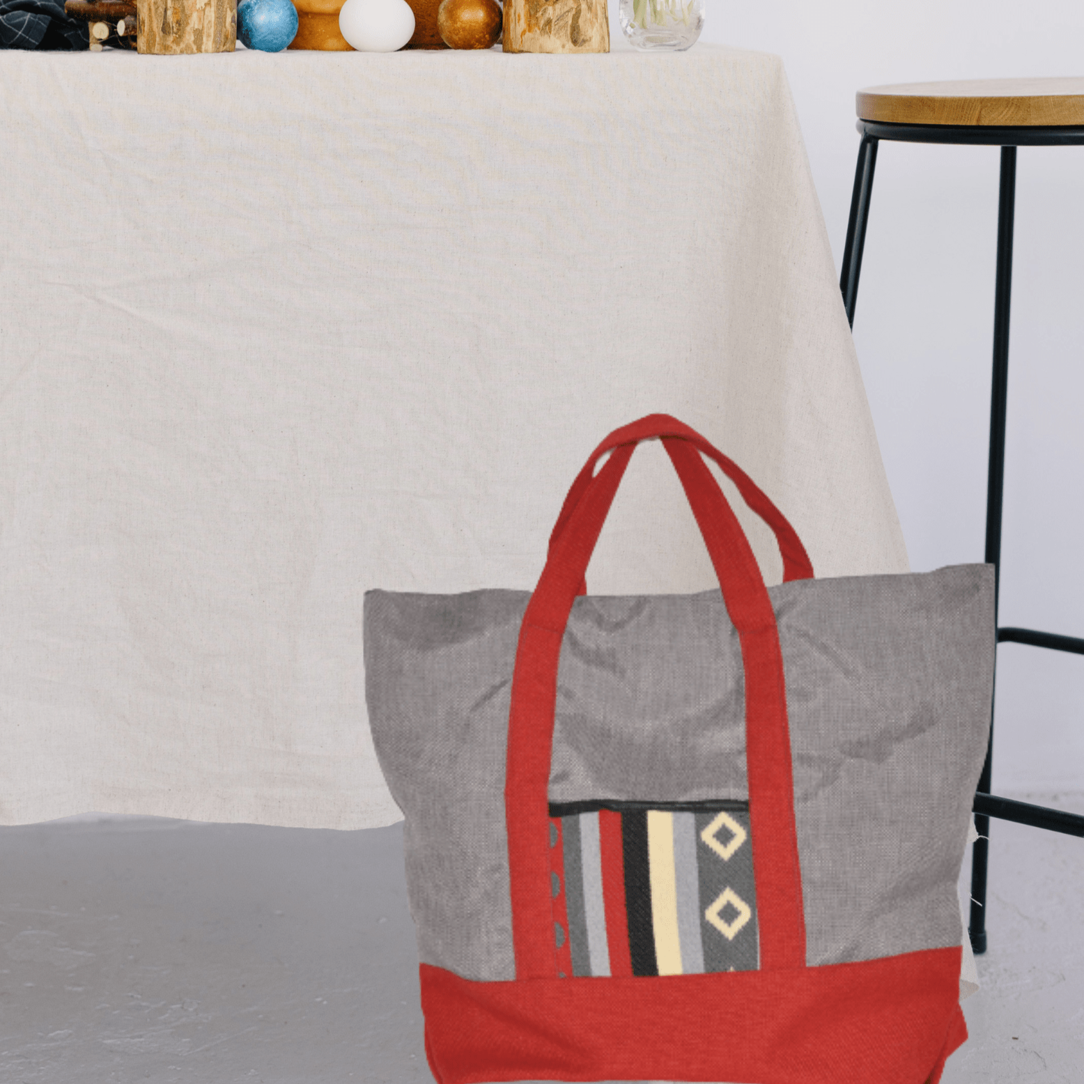 EcoBag "Margoum" en Gris et Rouge brique - artisanat Tunisien fait main | ILEYCOM