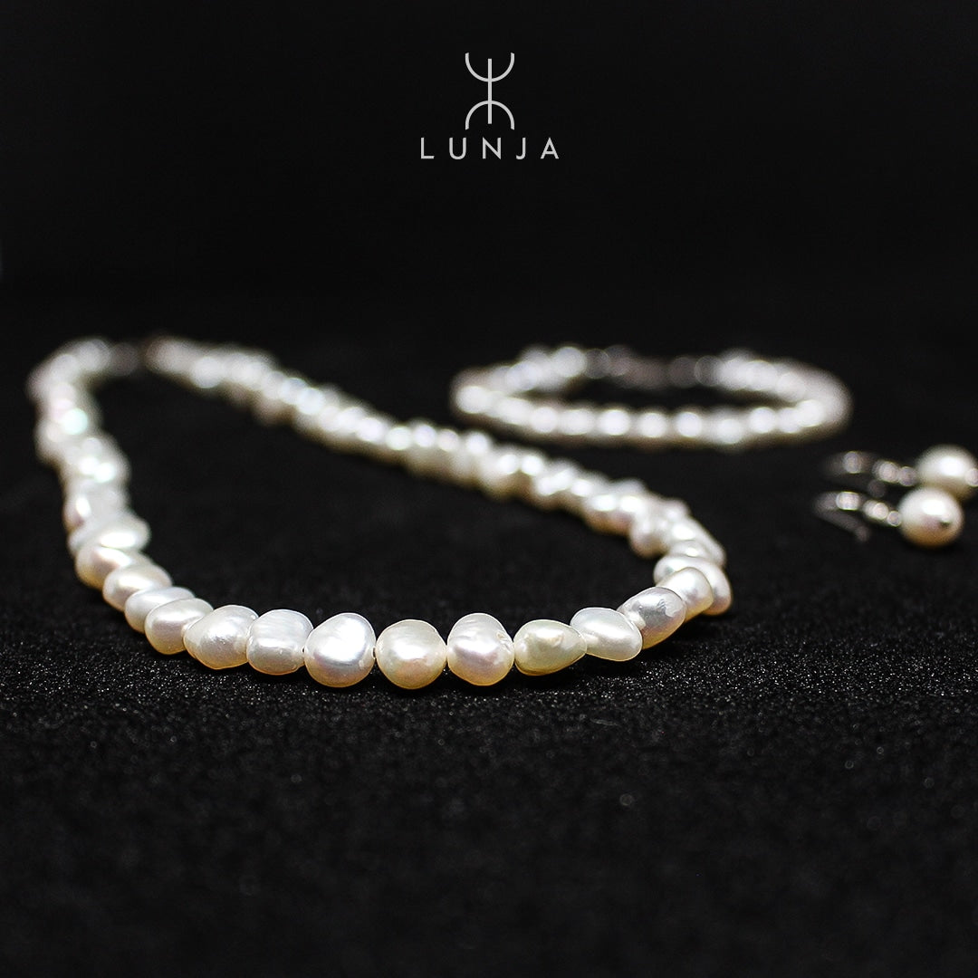 Parure Perle De Culture Plate, collier, boucles d'oreilles et bracelet en perles authentiques plates
