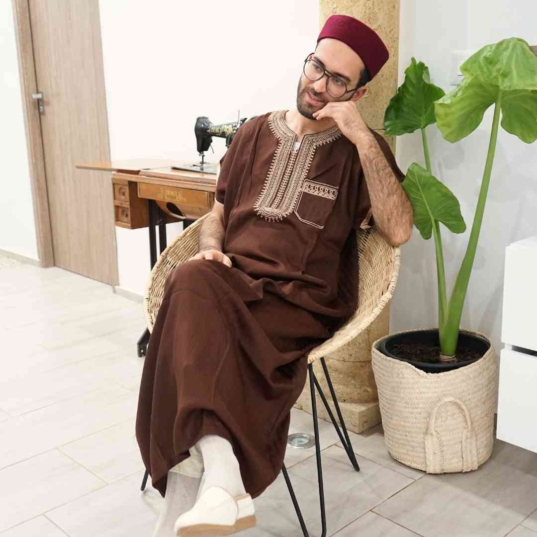 Jebba Tunisienne Marron en Lin - artisanat Tunisien fait main | ILEYCOM