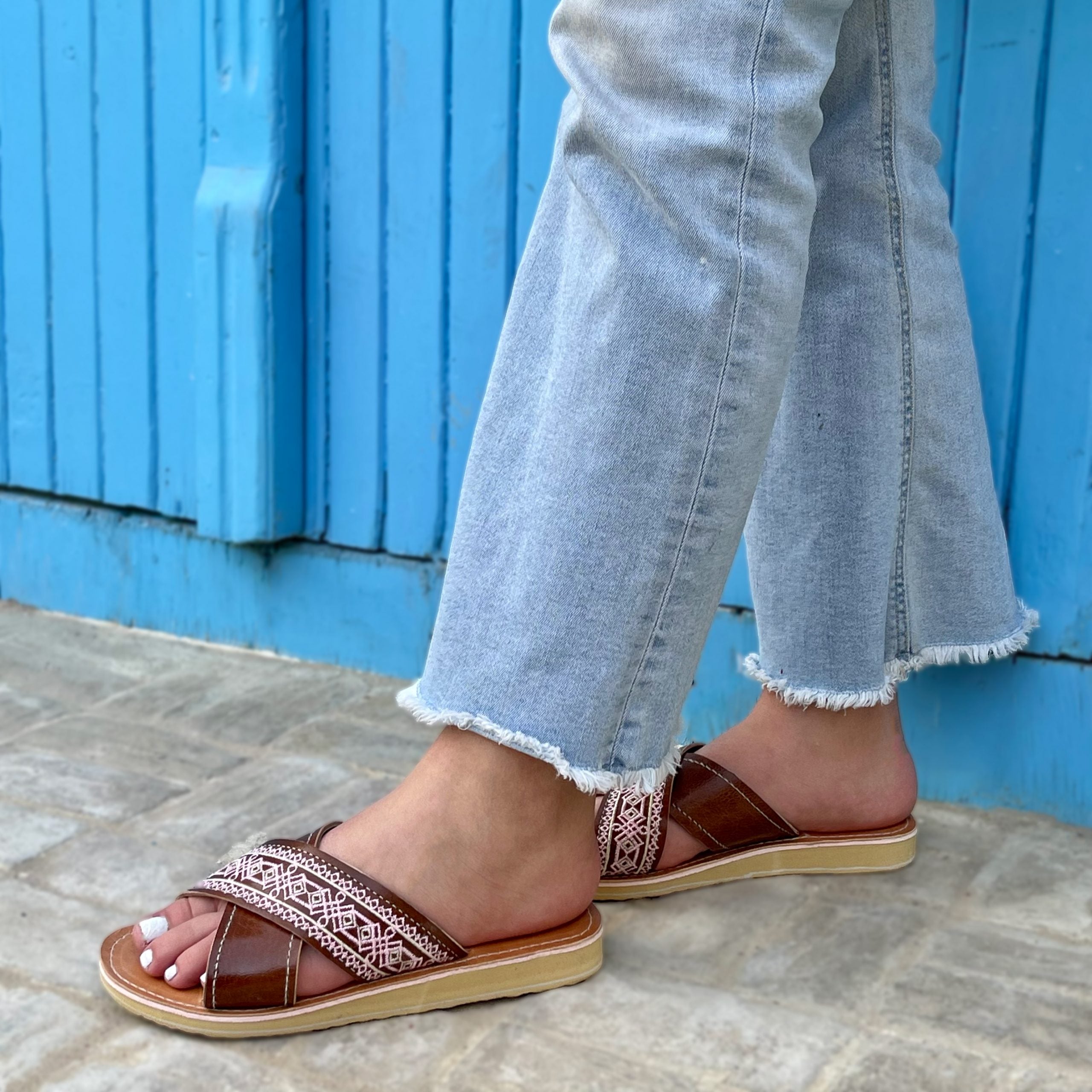 Mule pour femme "Baïa" tige croisée en cuir véritable - artisanat Tunisien fait main | ILEYCOM