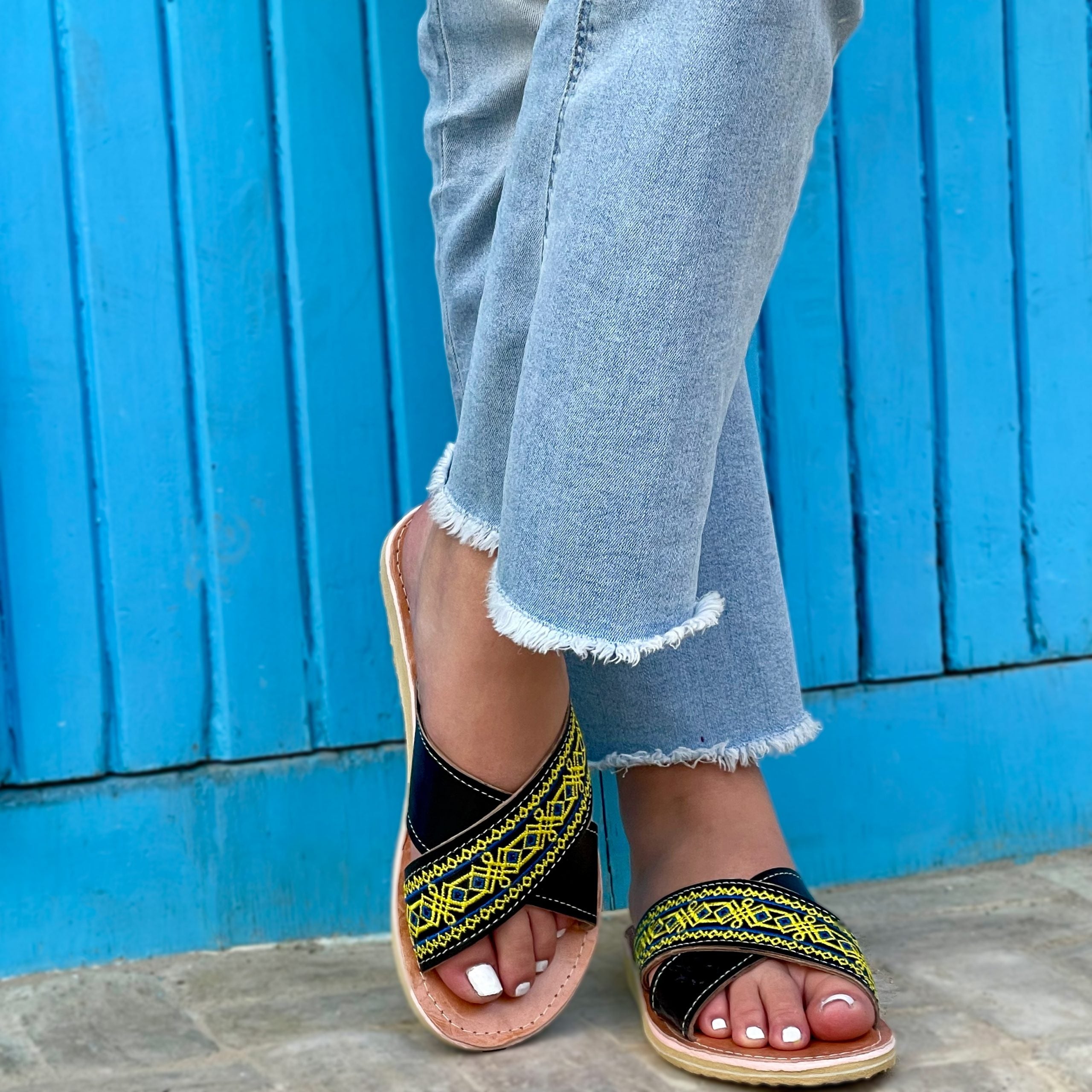 Mule pour femme "Baïa" tige croisée en cuir véritable - artisanat Tunisien fait main | ILEYCOM