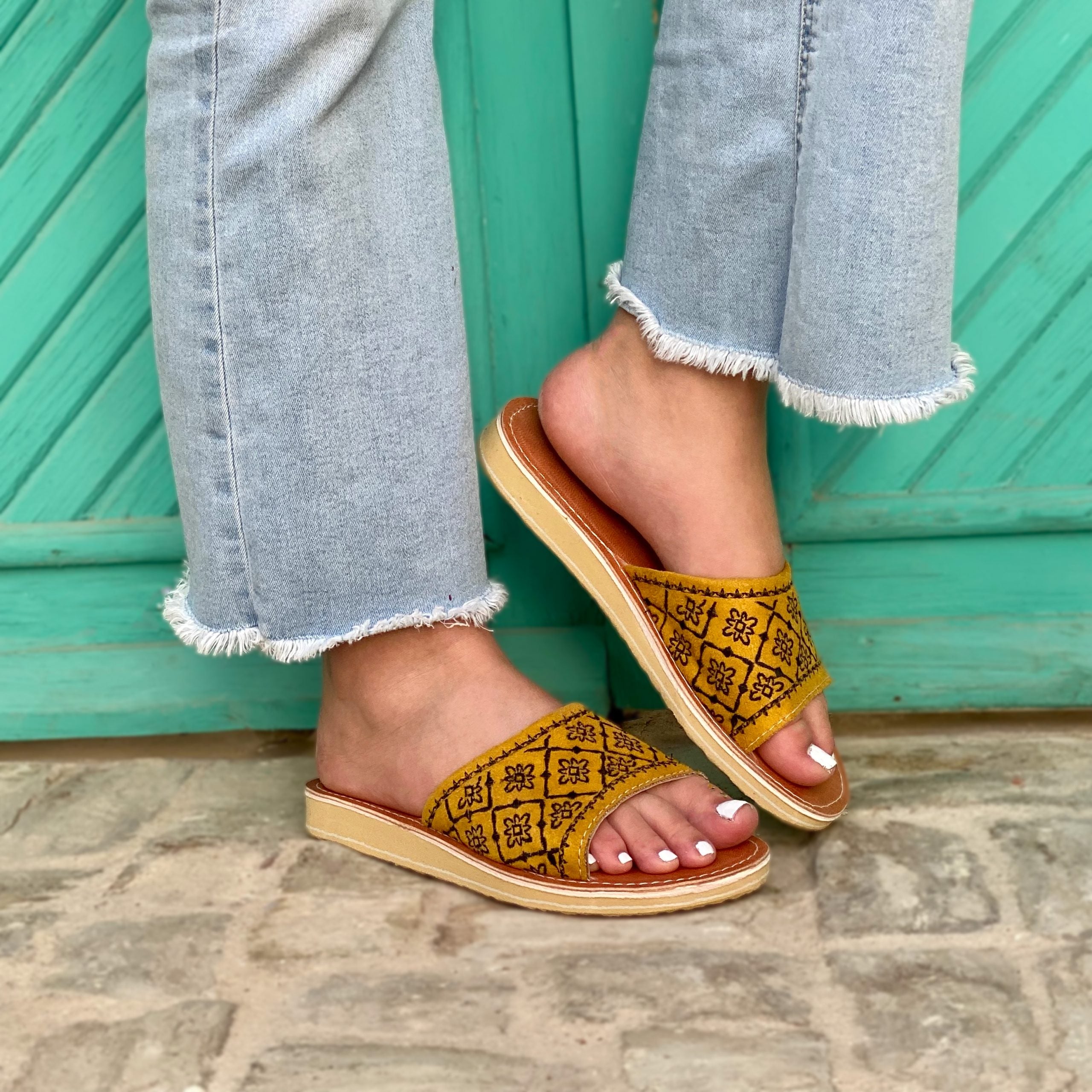 Mules Kmar pour femme en cuir véritable motifs losanges - artisanat Tunisien fait main | ILEYCOM