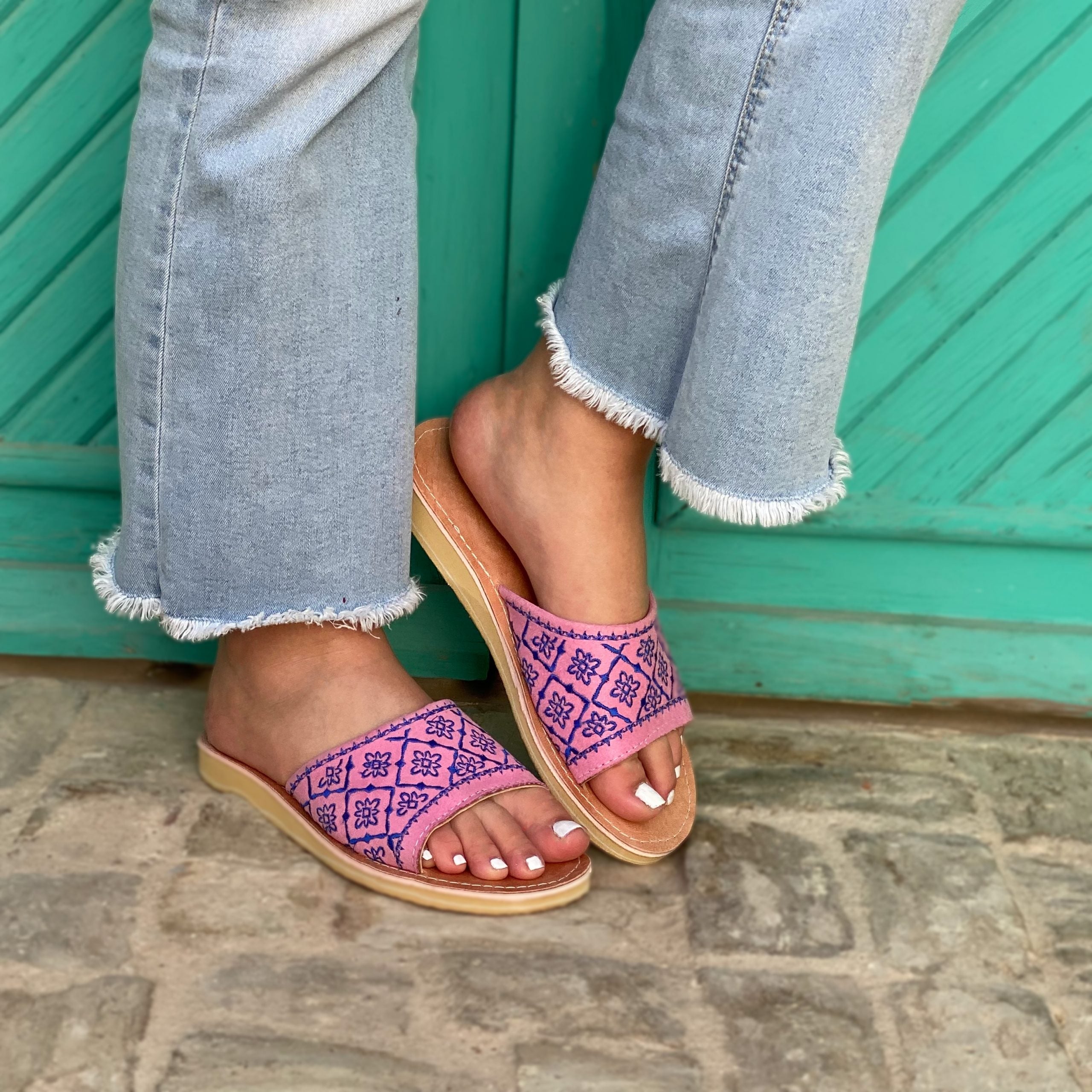Mules Kmar pour femme en cuir véritable motifs losanges - artisanat Tunisien fait main | ILEYCOM