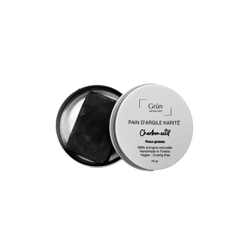 Pain d'argile Karité, Charbon actif - Peaux Grasses Anti acné - 60 gr - artisanat Tunisien fait main | ILEYCOM