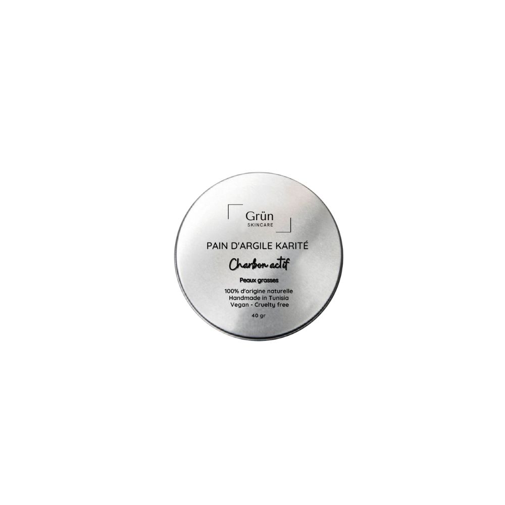 Pain d'argile Karité, Charbon actif - Peaux Grasses Anti acné - 60 gr - artisanat Tunisien fait main | ILEYCOM