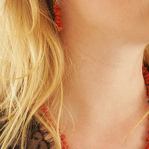 Parure corail rouge, collier et boucles d'oreilles pour femme en corail naturel