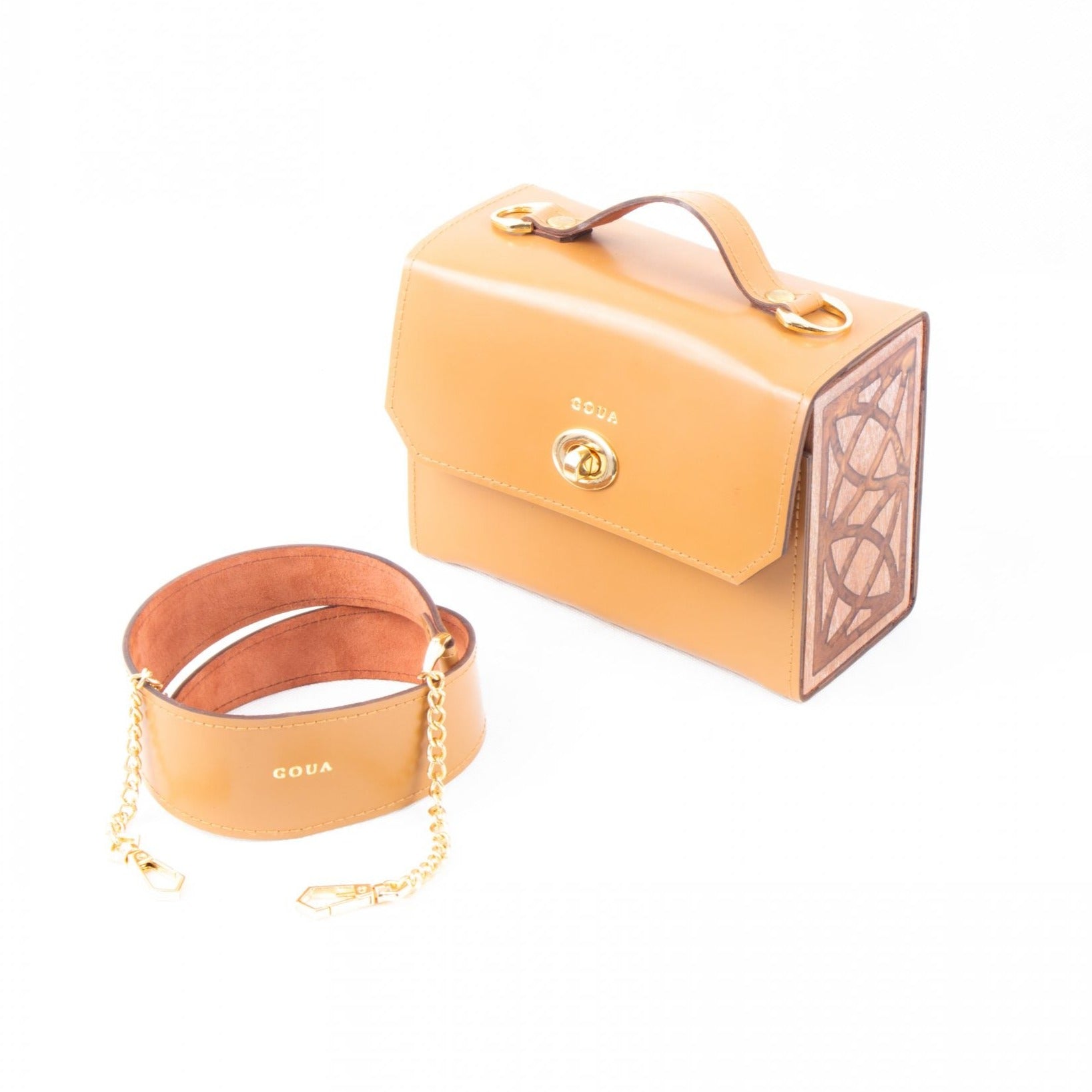 Sac à main beige rectangulaire en véritable cuir et bois d'acajou - artisanat Tunisien fait main | ILEYCOM